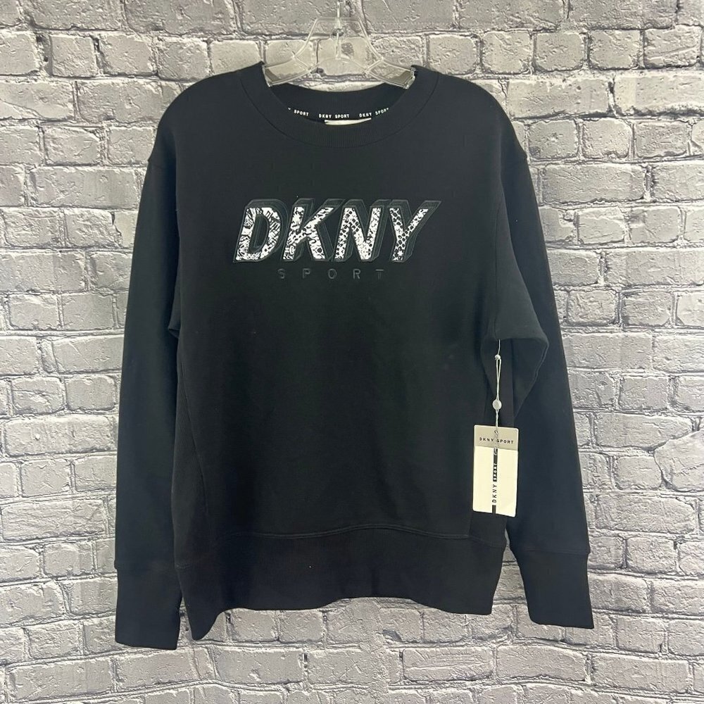 DKNY Sport Womens Black Crewneck‎ Sweatshirt Animal Print Letters Size S